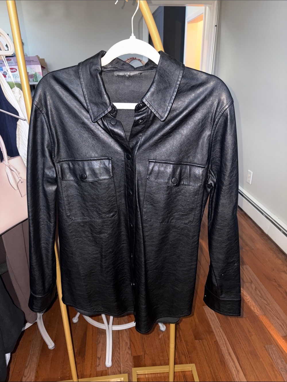 Dynamite Black Faux Leather Button-Up Shirt Jacket